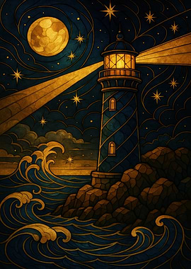 Lighthouse at Night with Moon and Stars