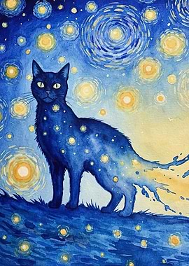 Starry Night Cat Watercolor