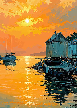 Sunset Seascape with Boats and Buildings