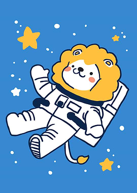 Astronaut Lion in Space Cartoon