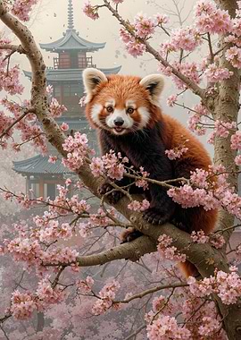 Red Panda in Cherry Blossom Tree