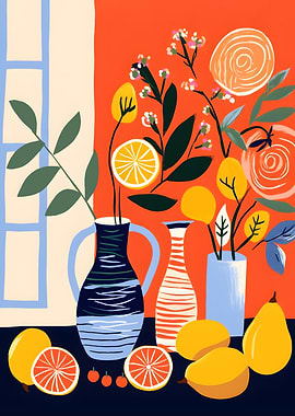 Vibrant Still Life with Fruit and Flowers