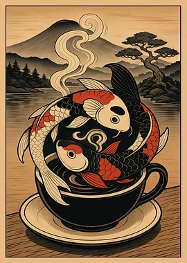 Koi Fish in Coffee Cup Art