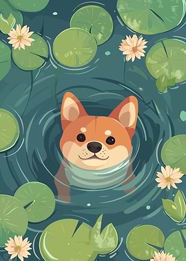 Shiba Inu in Lily Pond