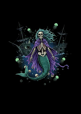 Skeletal Mermaid with Shipwreck Background