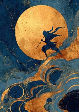 Ninja Silhouette Under Golden Moon