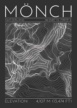 Mönch Mountain Topographic Contour Map