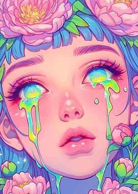 Crying Girl with Flowers