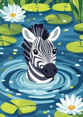 Zebra in Pond with Lily Pads