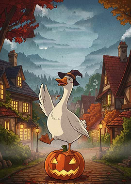 Goose Witch on Pumpkin Halloween Scene
