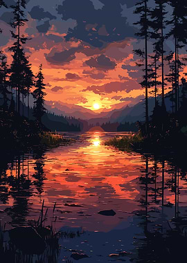 Sunset over lake with forest
