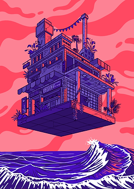 Floating Grocer Building Over Ocean Waves