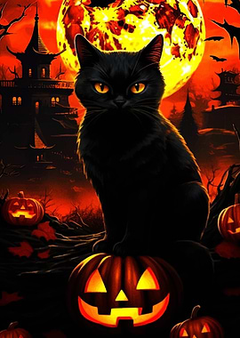 Halloween Black Cat on Pumpkin