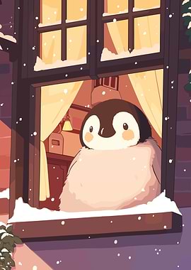 Penguin in Window, Winter Scene