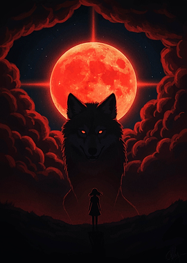 Red Moon, Wolf, and Girl