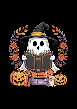 Halloween Ghost Reading Book Illustration