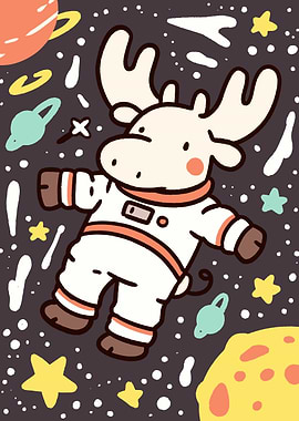 Astronaut Moose in Space Cartoon