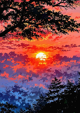 Vibrant Sunset with Silhouetted Trees