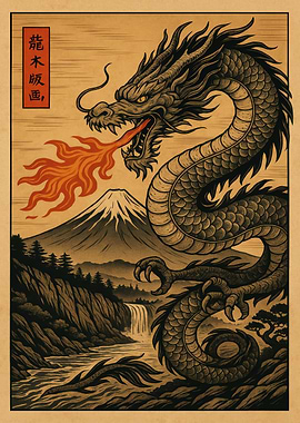 Dragon with Mount Fuji and Waterfall