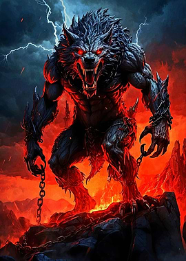 Fierce Werewolf in Fiery Landscape