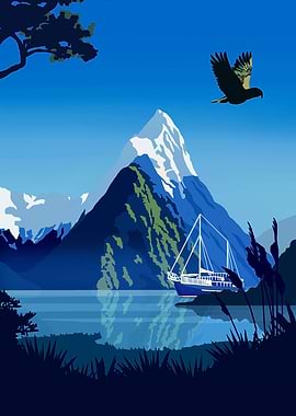 Mountain Lake with Sailboat and Bird