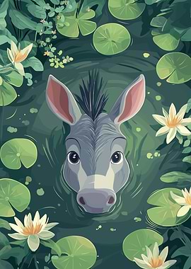 Donkey in a pond with waterlilies