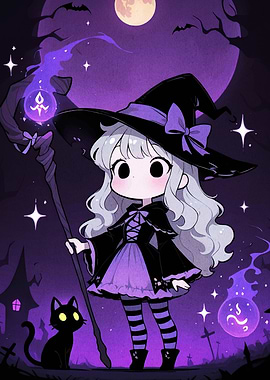 Cute Witch with Black Cat Illustration