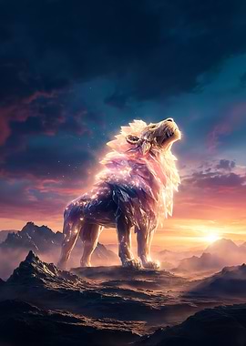 Crystal Lion Roaring at Sunset