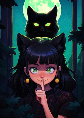 Girl with Cat Ears and Black Cat