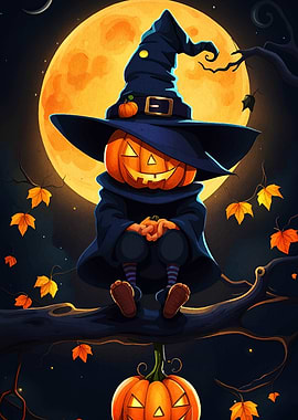 Halloween Pumpkin Character on Branch