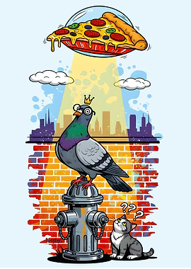 Pizza UFO with Pigeon and Cat