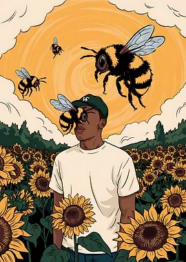 Man in Sunflower Field with Bees