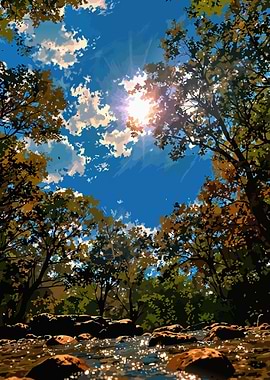 Sunlit Forest Stream Anime Style