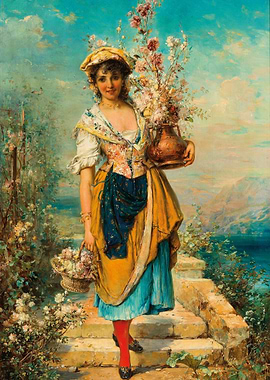 Woman with Flowers on Stone Steps