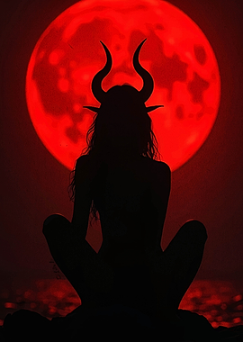 Silhouette of horned figure under red moon