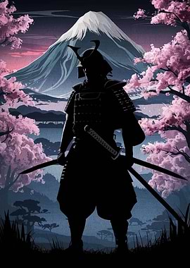 Samurai Silhouette with Mount Fuji Backdrop