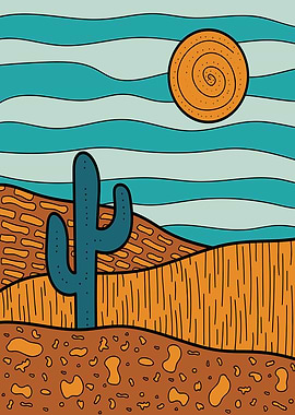 Stylized Desert Landscape with Cactus