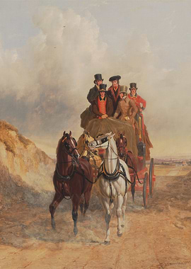 Horse-drawn carriage with passengers painting