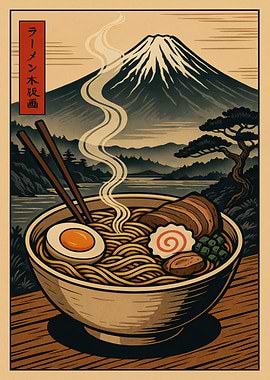 Ramen Bowl with Mount Fuji Backdrop