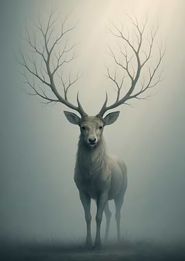 Deer with Tree Antlers in Fog