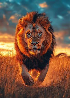 Majestic Lion Running In Africa at Sunset - Wildlife Photo
