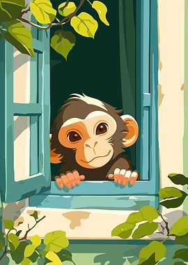 Cartoon Monkey Peeking Out Window