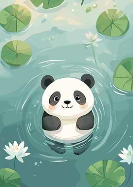 Cute Panda Swimming in a Pond