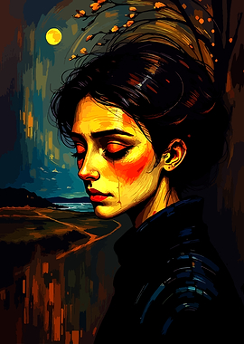 Melancholy Woman Under Moonlight Painting