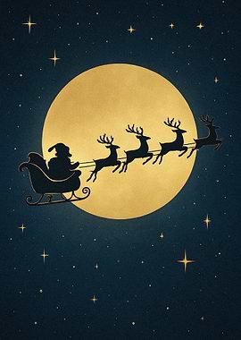 Santa's Sleigh Silhouette Against Full Moon