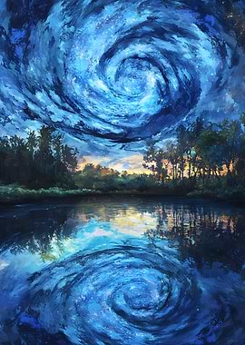A swirling galaxy reflected in a quiet pond. 3