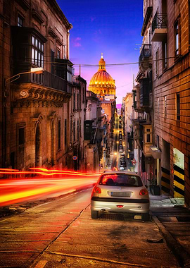 Valletta Street at Night with Car Malta Photo