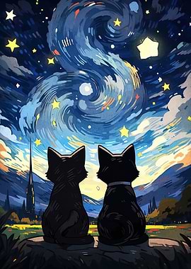 Two Cats Under Starry Night Sky