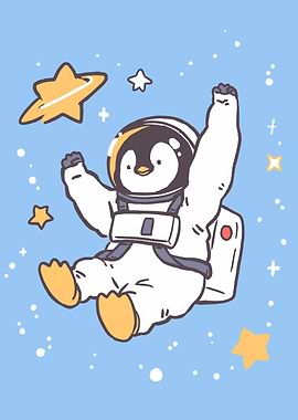 Astronaut Penguin in Space Cartoon