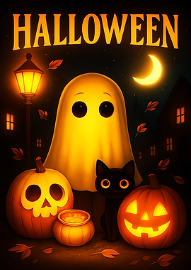 Halloween Night Scene with Ghost and Cat